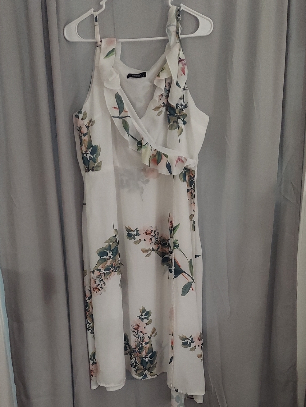 Floral Ruffle Drop Sleeve Mock Wrap Midi Dress - White